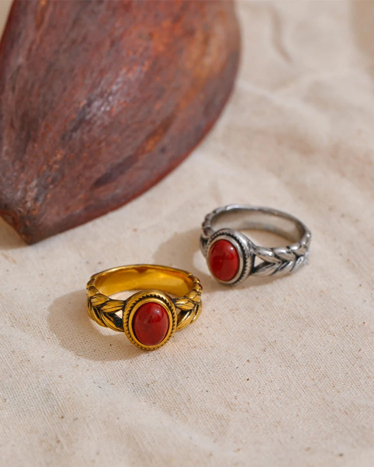 Anel Retrô Pedra Natural Vermelha