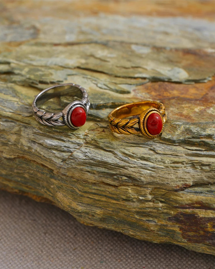 Anel Retrô Pedra Natural Vermelha