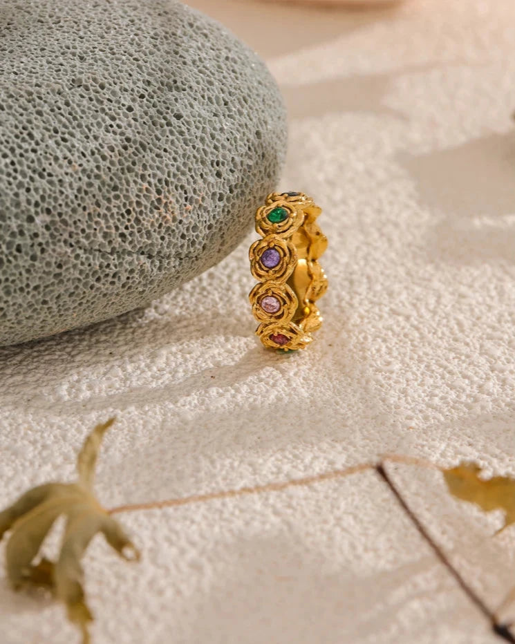 Anel Feminino JUVICI Flores com Zirconia de Ouro 18k 