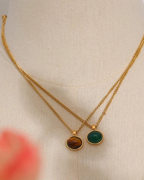 Colar Oval Olho de Tigre & Ágata Verde