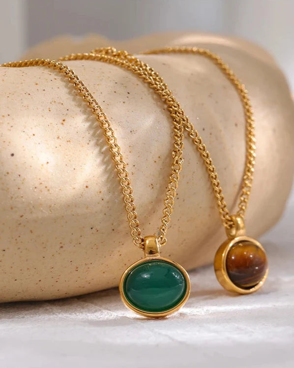 Colar Oval Olho de Tigre & Ágata Verde