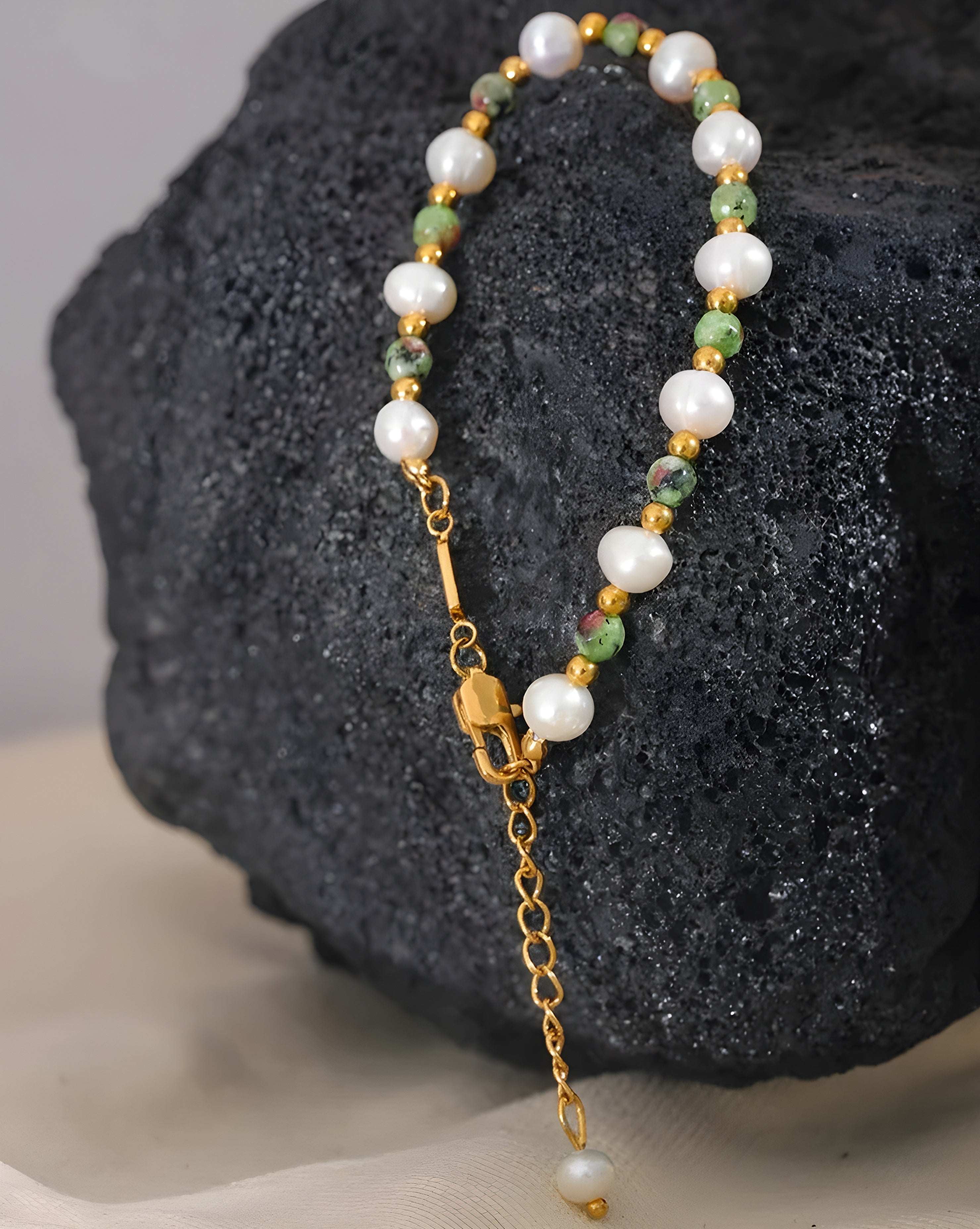 Pulseira de Contas Epídoto & Pérola