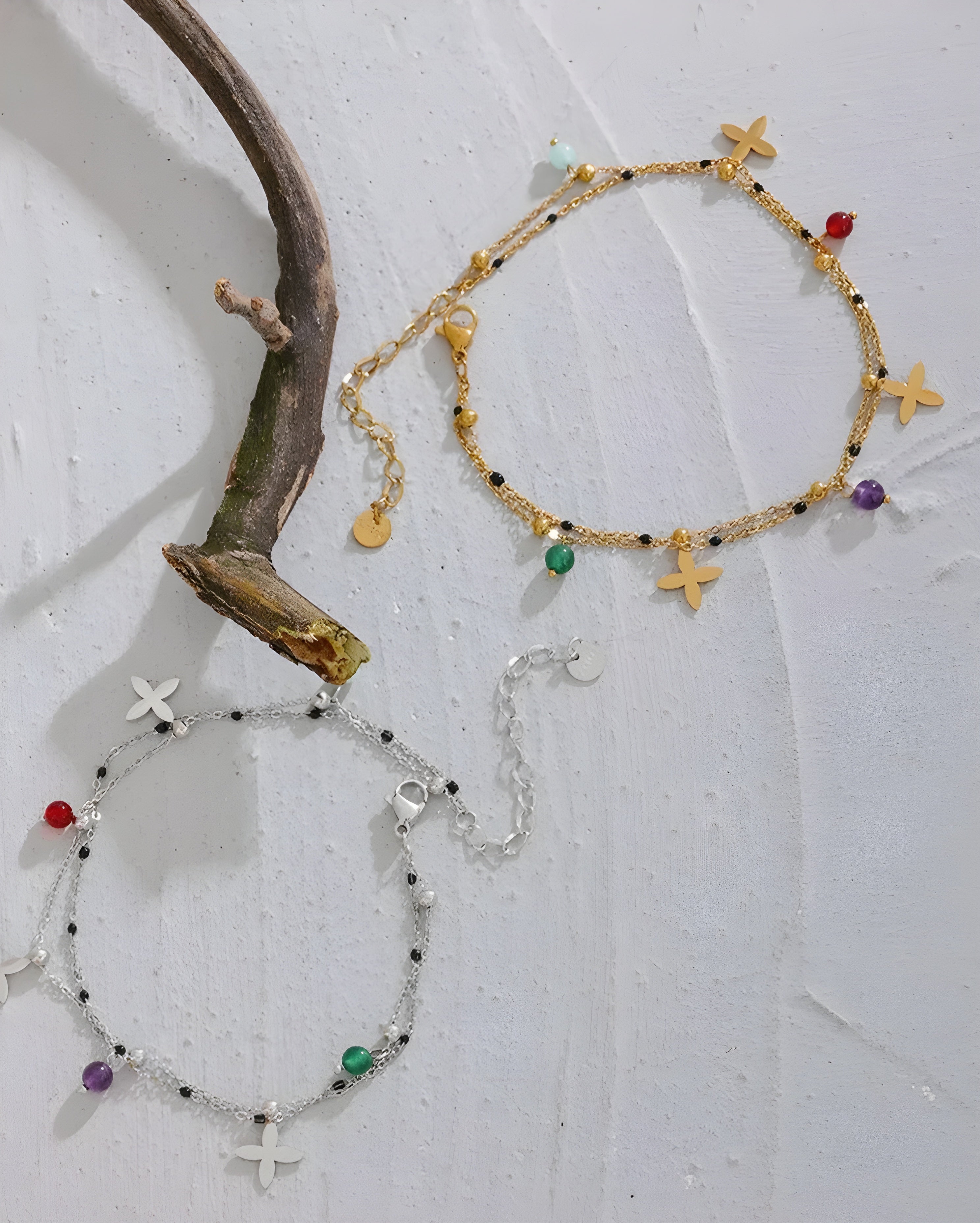 Tornozeleira Dupla Flor Pedras Naturais