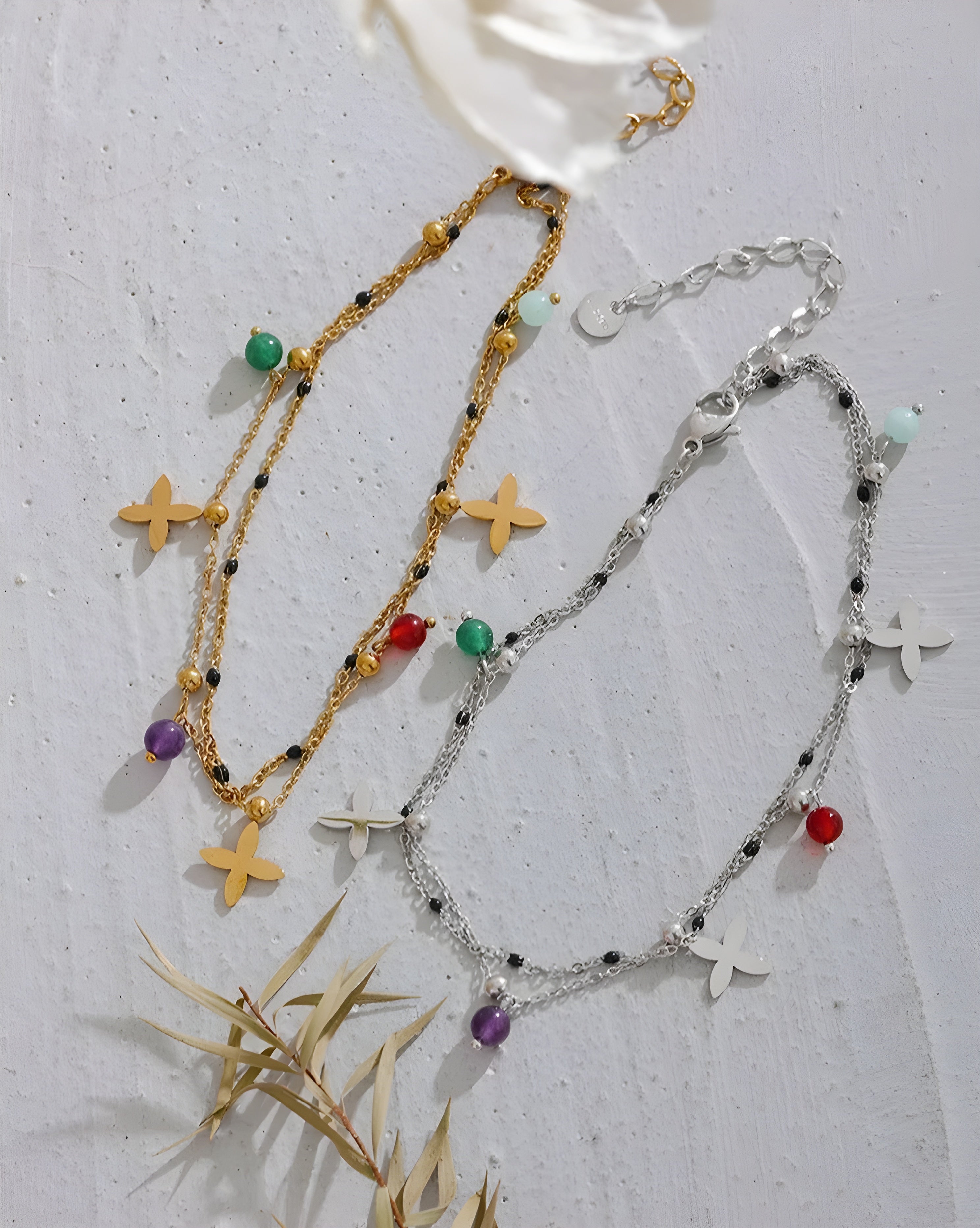 Tornozeleira Dupla Flor Pedras Naturais