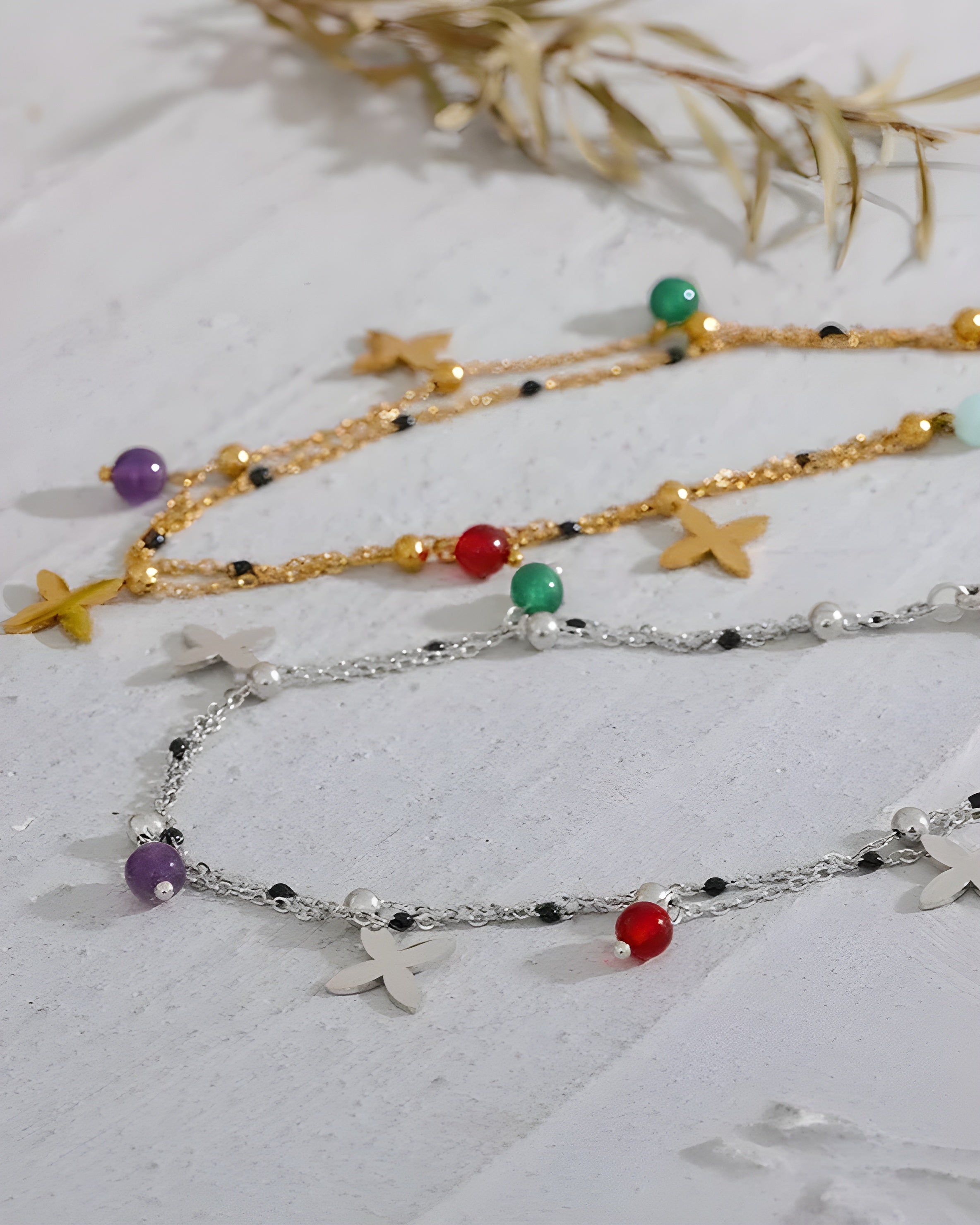 Tornozeleira Dupla Flor Pedras Naturais