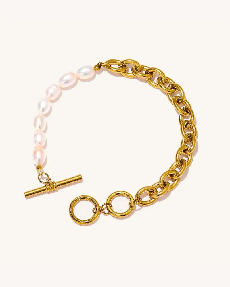 Pulseira Pérola Corrente Fecho Argola & Barra